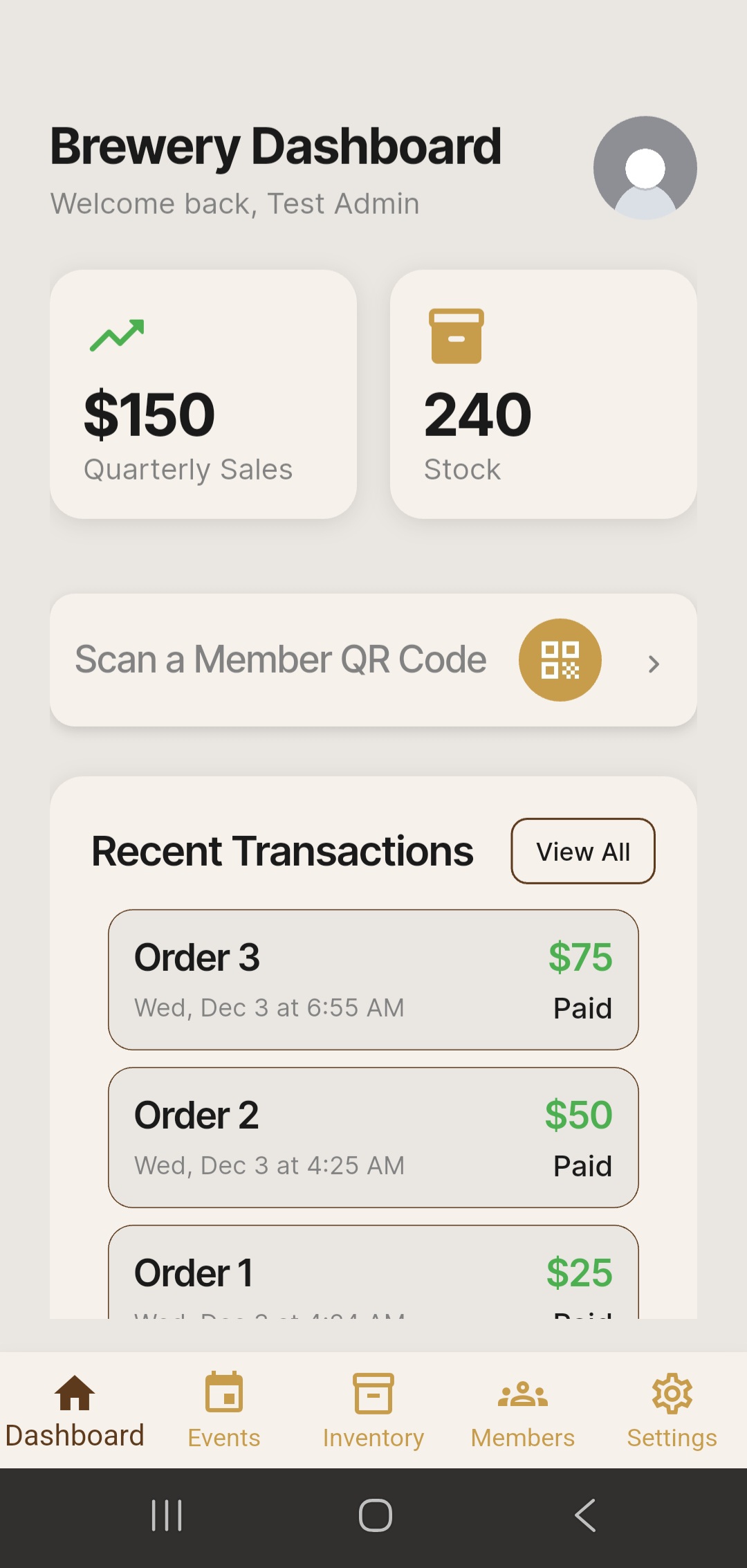 Brewery dashboard screen