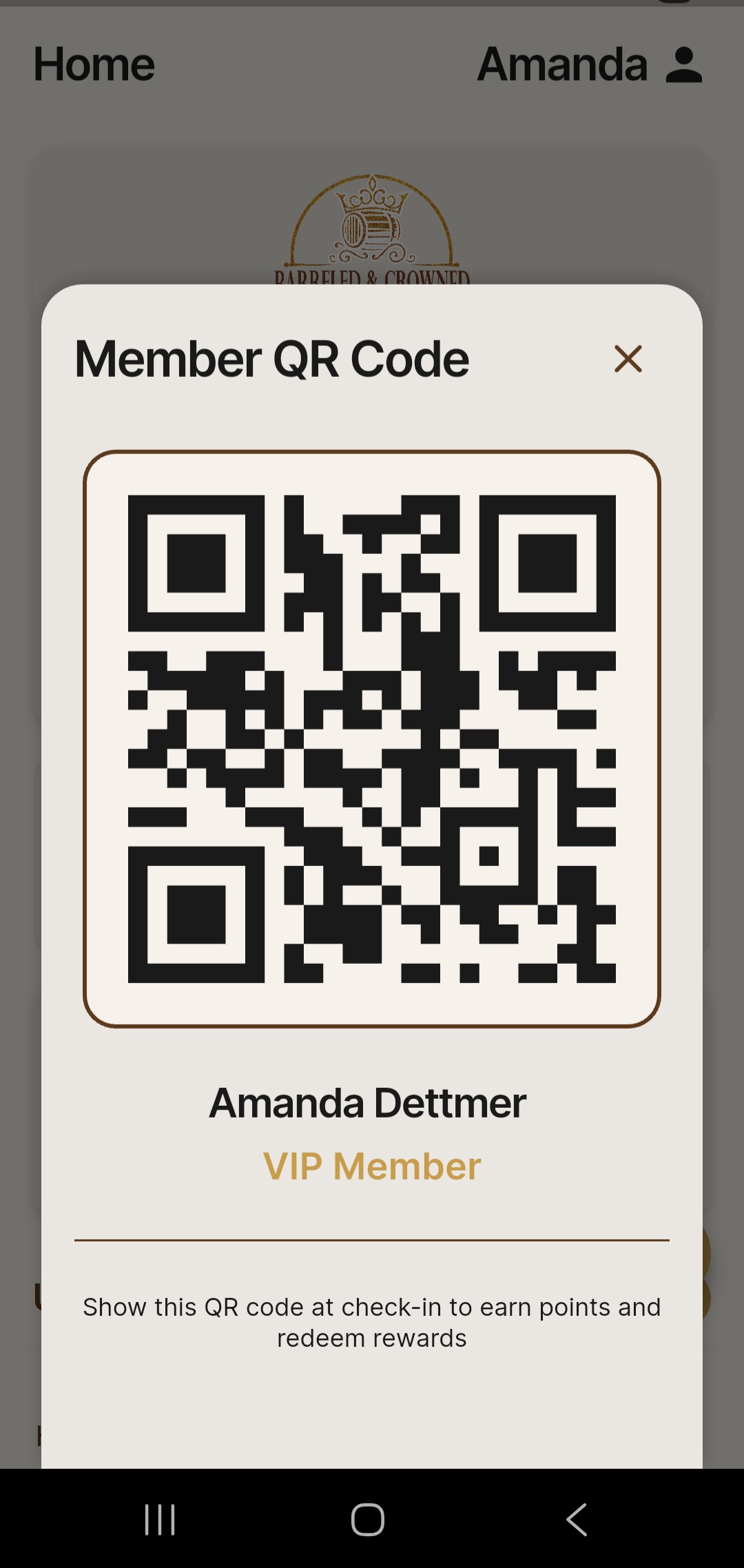 Member app screen showing individual QR code and loyalty points